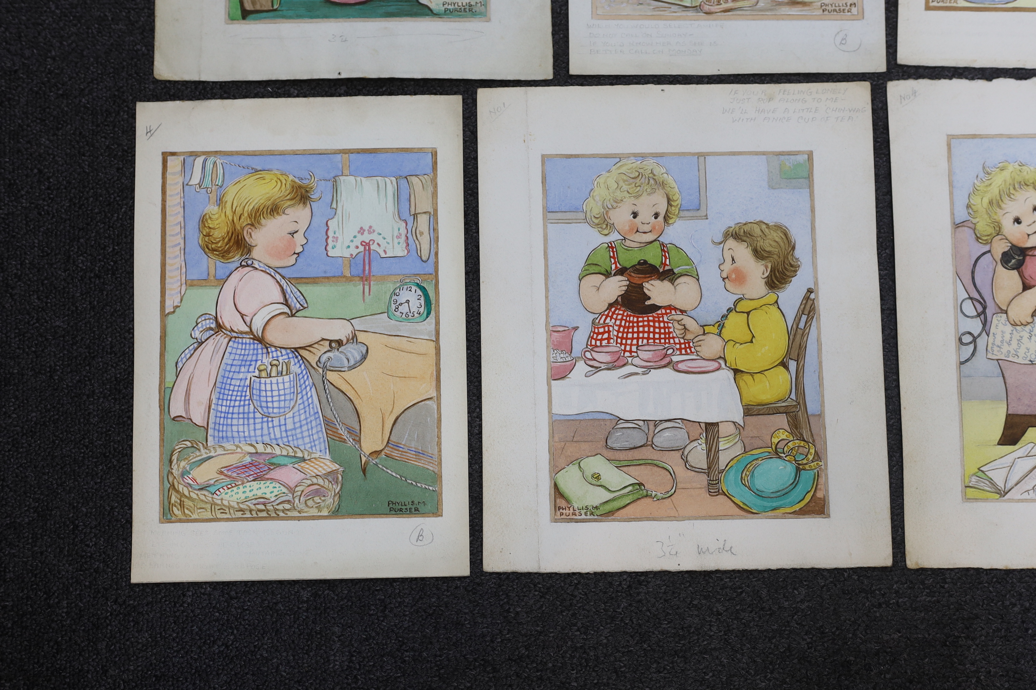 Phyllis Purser (1893-1990), set of six mid 20th century watercolours, Humorous children, original postcard designs, signed, largest 30 x 24cm, unframed